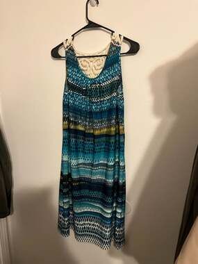 Kim Rogers Petite Sleeveless Blue Teal Abstract Print Dress with Crochet Back De